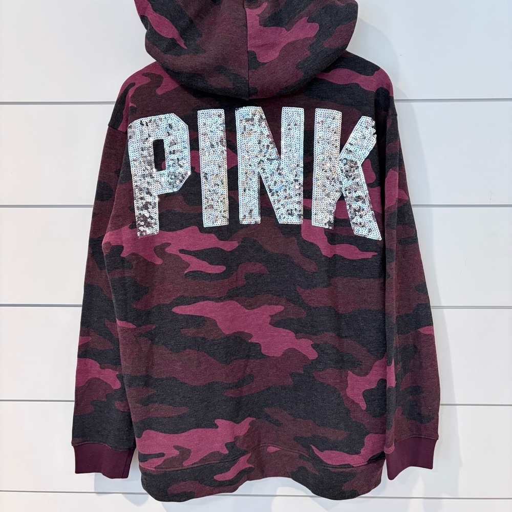 PINK Victoria’s Secret Camo Hoodie Sequin Logo Y2K Mobwife Glam L Sherpa